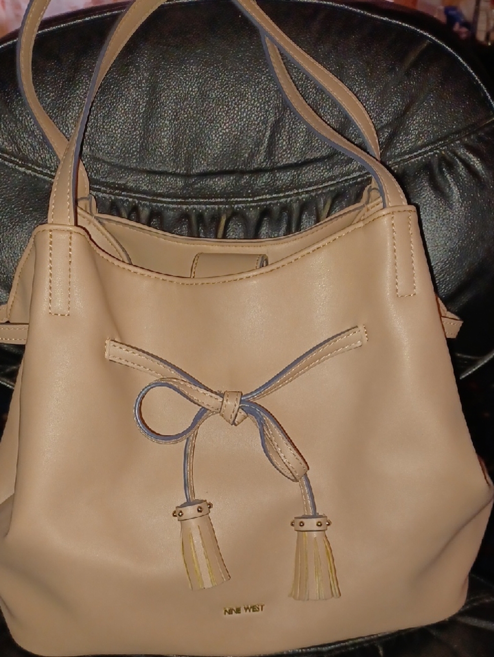 Nine West Beige Shoulder Tote with Tassel Bow